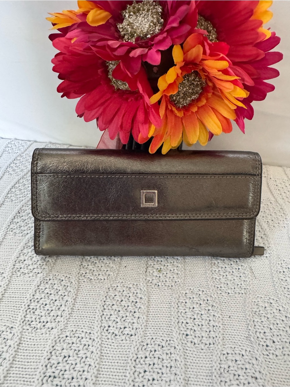 Lodis EUC metallic pewter long trifold leather wallet